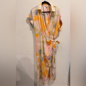 entro Pastel Abstract Wrap Midi Dress in Yellow, Pink, Blue